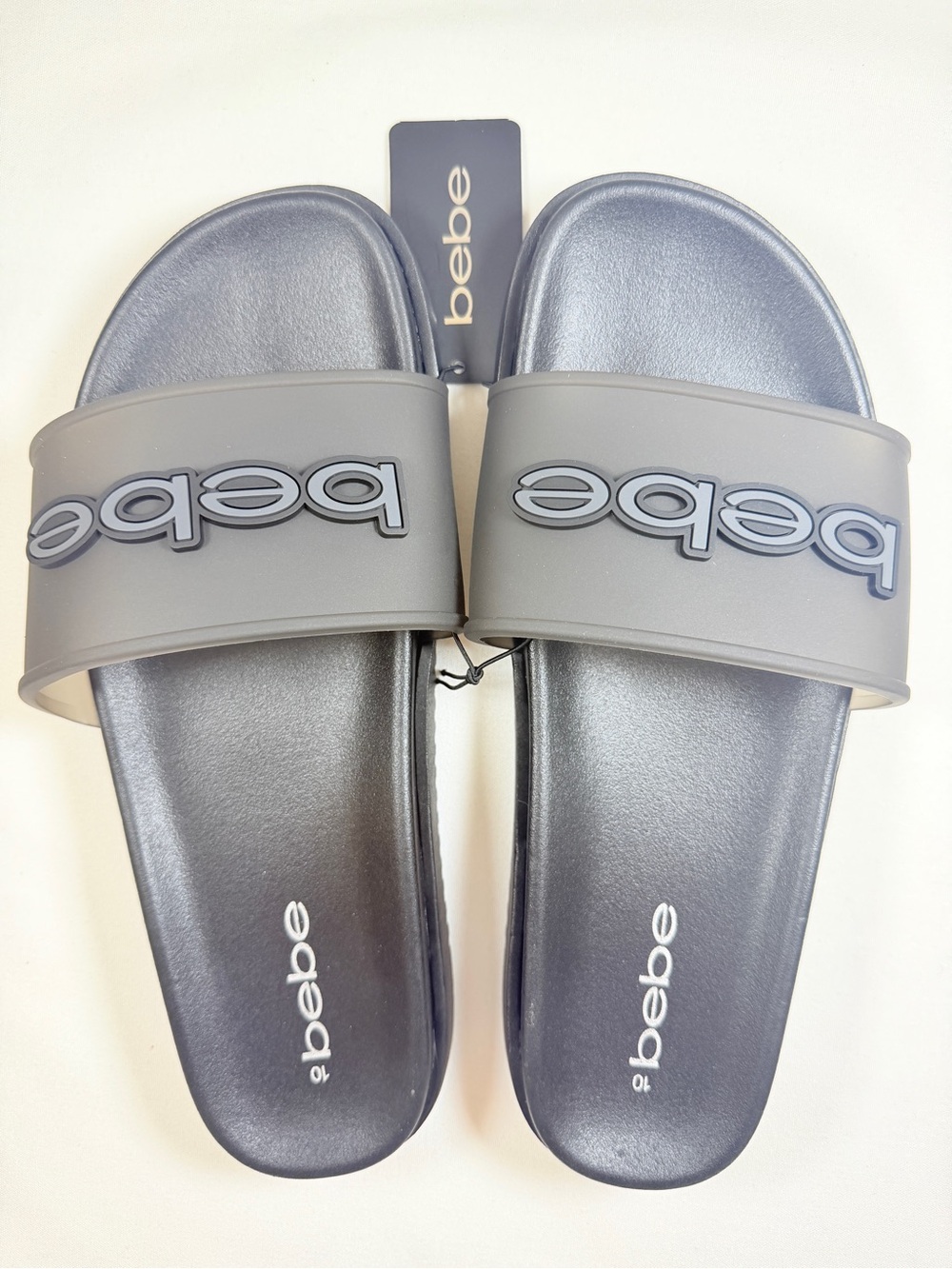Bebe Women’s Black Gray Logo Slide Sandals Size 10 NWT